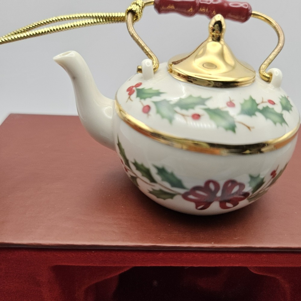 Lenox Holiday Tea Kettle Ceramic Hanging Ornament Holly Pattern Christmas - Picture 9 of 12
